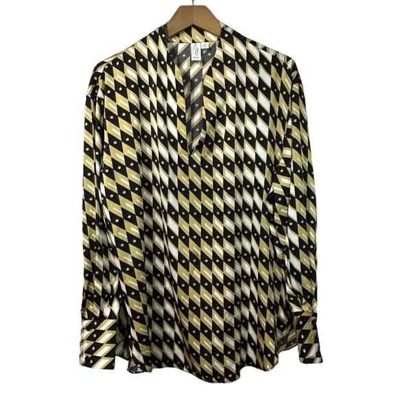 Joie Satin V Neck Top Blouse Pullover Popover Diamond Geometric Pattern L - Picture 1 of 8